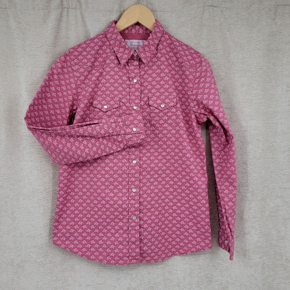Panhandle Slim Patterned Girls Pearl Snap Western Shirt Pink with Horse Pattern